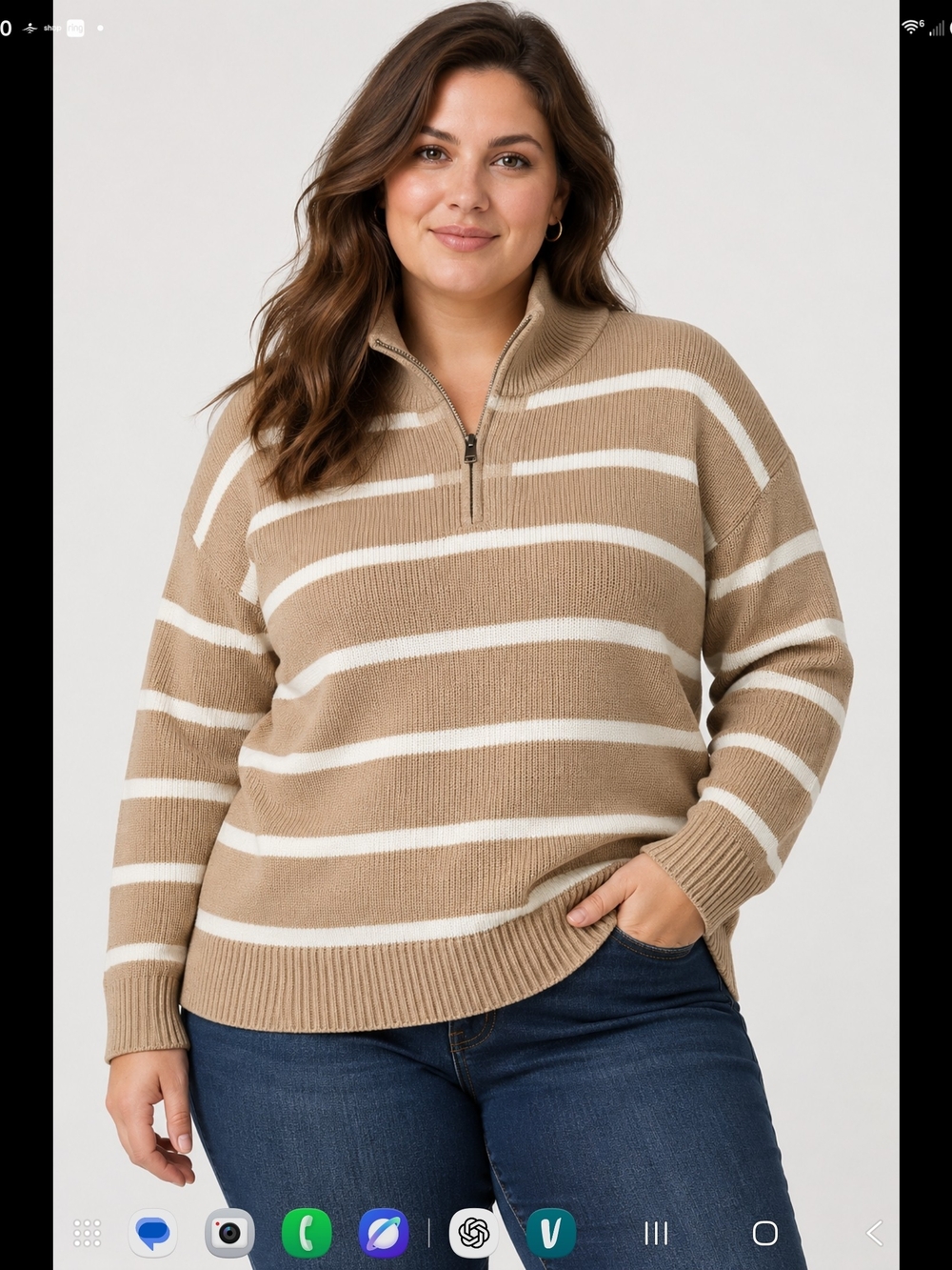 Striped Half-Zip Pullover Sweater in Tan and White